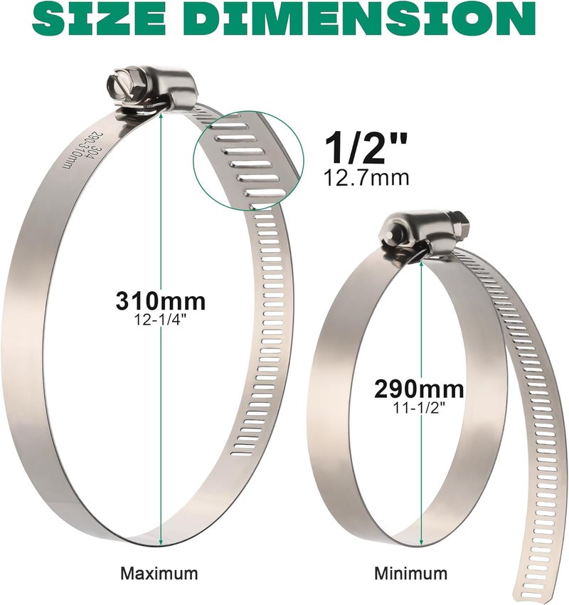ORU Large Hose Clamps, 10 Pack 12 Inch Stainless Steel Hose Clamps Adjustable from 11-1/2"-12-1/4"/290-310mm, Metal Worm Gear Duct Clamp for Air Ducting, Dryer Vent Hose, Fuel Line, Automotive - Image 2